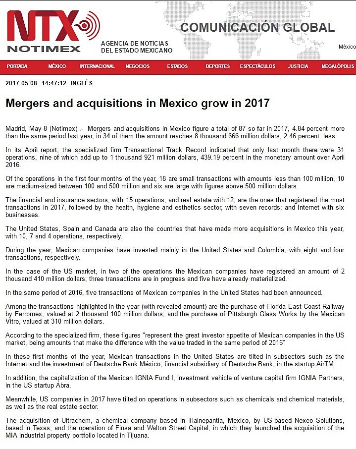 Mergers and acquisitions in Mexico grow in 2017